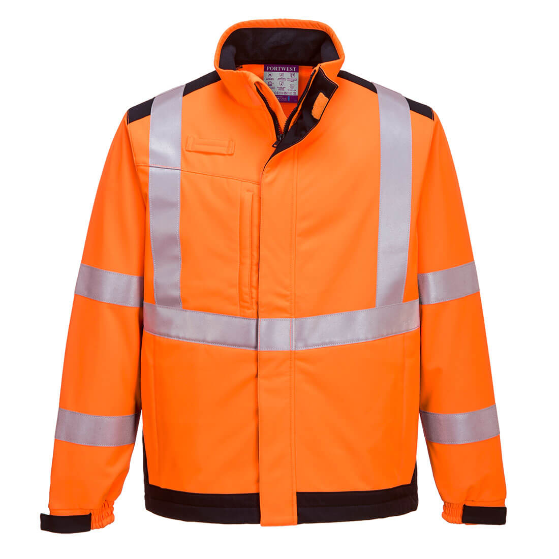 Portwest Modaflame Softshell Hi-Vis Multi-Norm FR Jacket in Orange/Marine – Vorderansicht