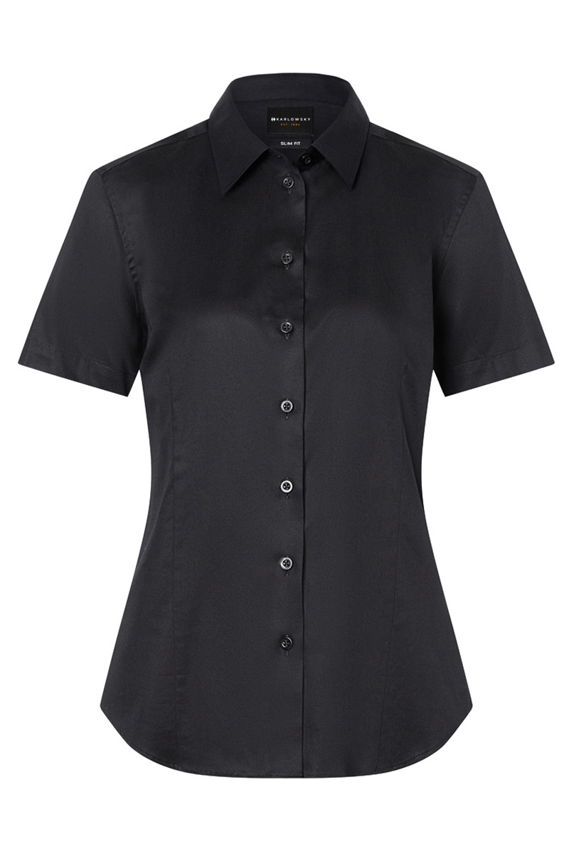 Karlowsky Kurzarm Damenbluse Active-Stretch in Slim-Fit in Schwarz – Vorderansicht