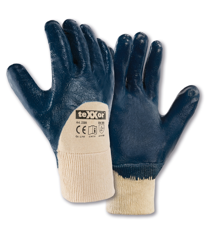 teXXor® Nitril-Handschuhe STRICKBUND in Beige/Blau – Vorderansicht