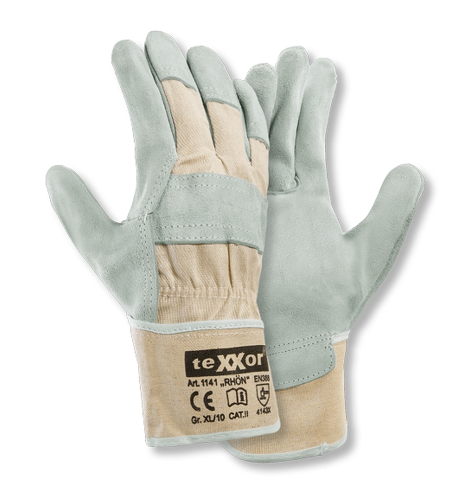 teXXor® Rindkernspaltleder-Handschuhe RHÖN in Leder Natur/Drell Weiß – Vorderansicht