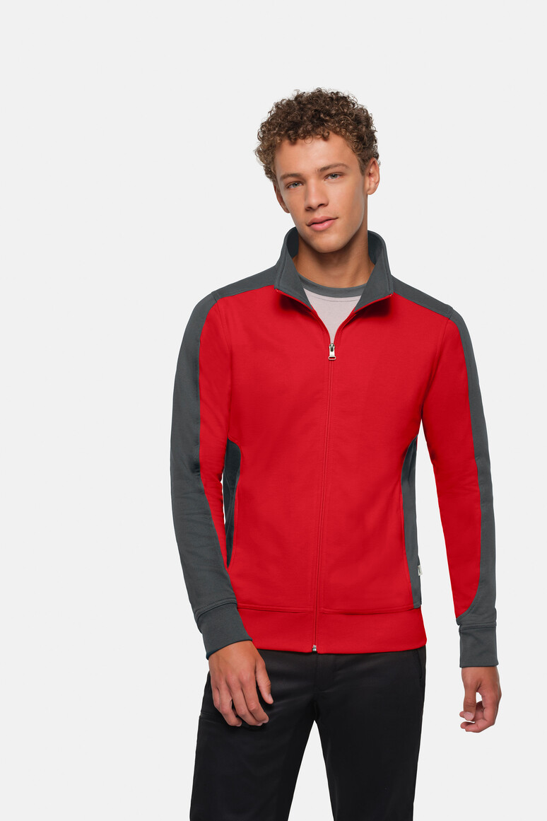 HAKRO 477 Sweatjacke Contrast MIKRALINAR® in Rot/Anthrazit – Modellansicht