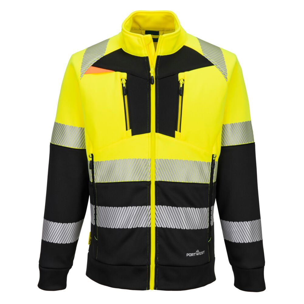 Portwest DX4 Hi-Vis Class 1 Funnel Neck Zipped Sweatshirt in Gelb/Schwarz – Vorderansicht