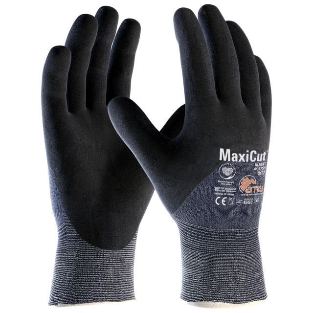 ATG® MaxiCut® Ultra™ Schnittschutz-Strickhandschuhe (44-3755) in Schwarz/Blau – Vorderansicht
