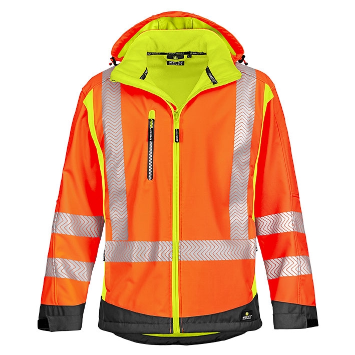 4PROTECT® Warnschutz-Softshelljacke HOUSTON in Leuchtorange/Leuchtgelb – Vorderansicht