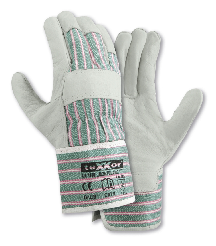 teXXor® Rindvollleder-Handschuhe MONTBLANC I in Leder Natur, Drell Grün/Rot-Gestreift – Detailansicht