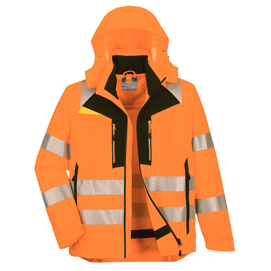 Portwest DX4 Hi-Vis 4-in-1 Jacket in Orange/Schwarz – Vorderansicht