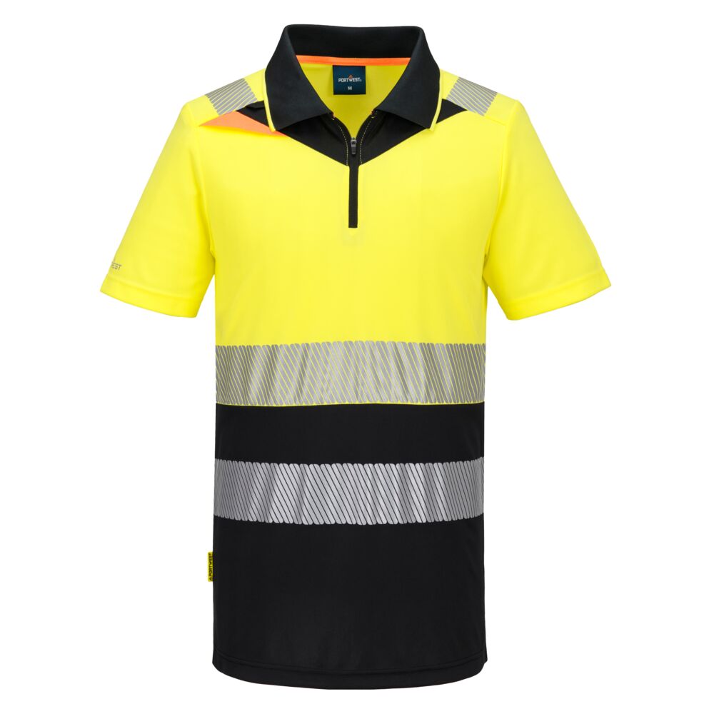 Portwest DX4 Hi-Vis Zip Class 1 Polo Shirt S/S in Gelb/Schwarz – Vorderansicht