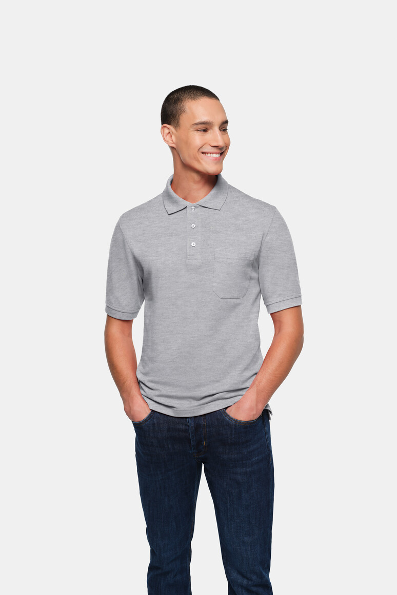 HAKRO 802 Pocket-Poloshirt Top in Grau Meliert – Modellansicht