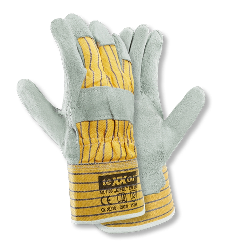 teXXor® Rindkernspaltleder-Handschuhe EIFEL in Leder Natur, Drell Gelb/Blau – Vorderansicht