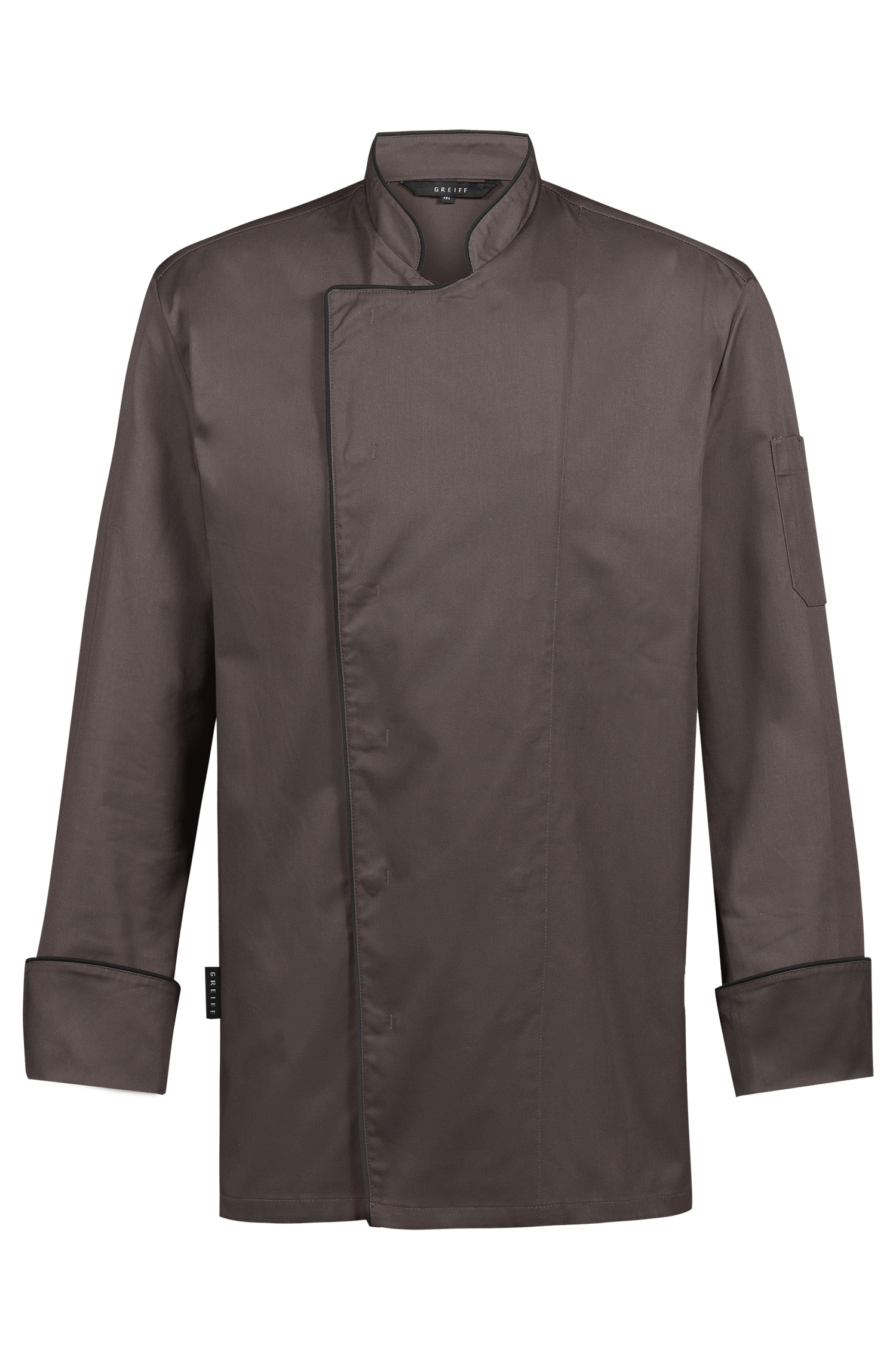 Greiff Kochjacke mit Paspelierung RF in Taupe Paspel Schwarz – Vorderansicht