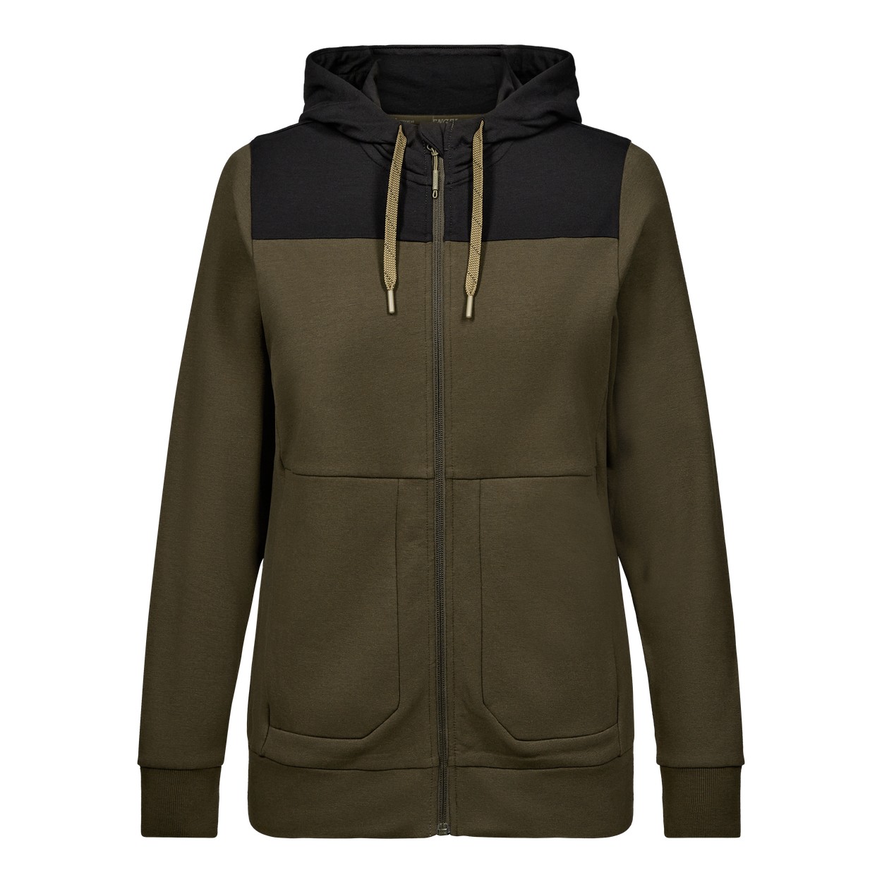 ENGEL Entire 8334-247 Damen Sweatcardigan mit Kapuze in Forest Green/Schwarz – Vorderansicht