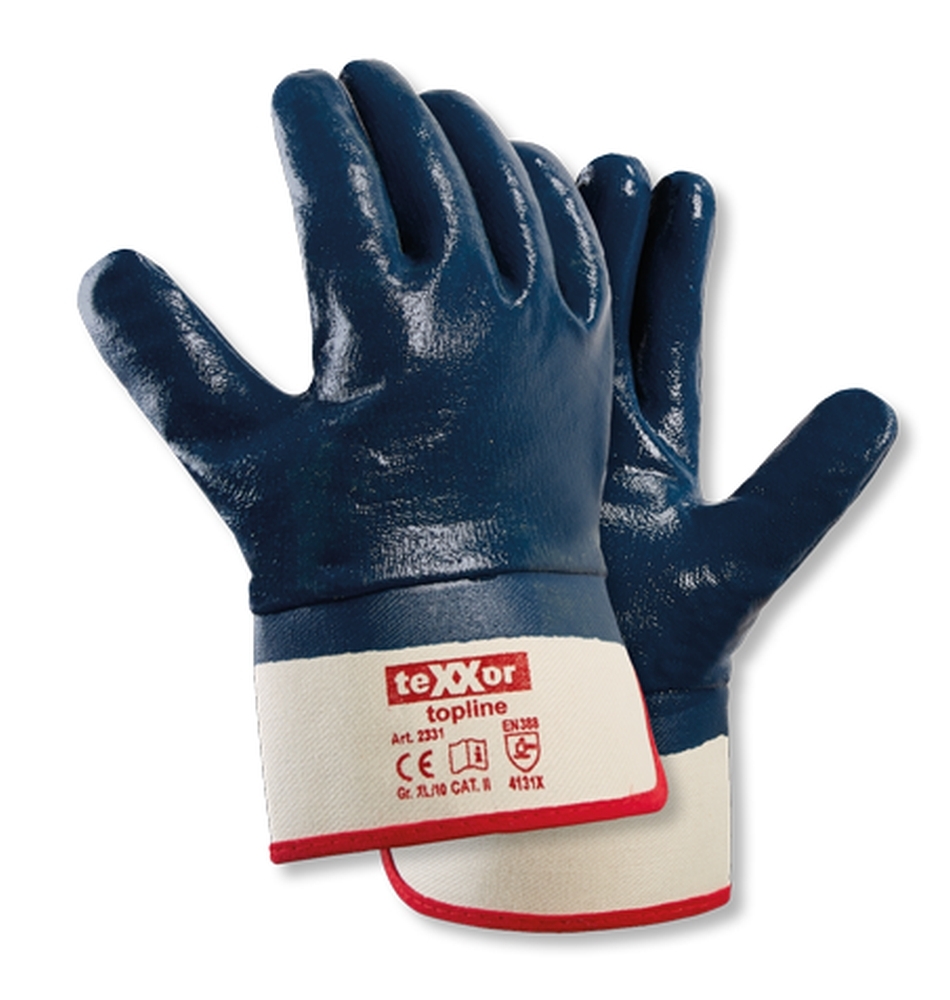 teXXor® topline Nitril-Handschuhe STULPE in Beige/Blau – Vorderansicht