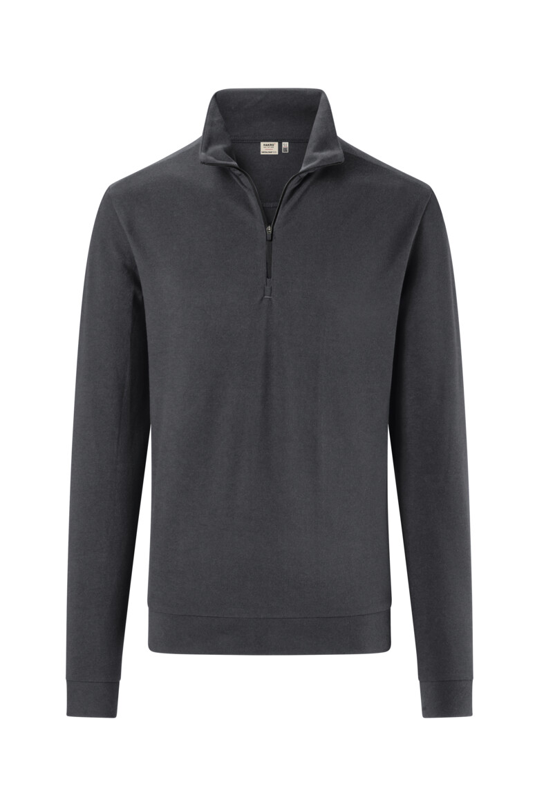 HAKRO 535 Zip-Longsleeve Piqué MIKRALINAR® ECO in Karbongrau – Vorderansicht