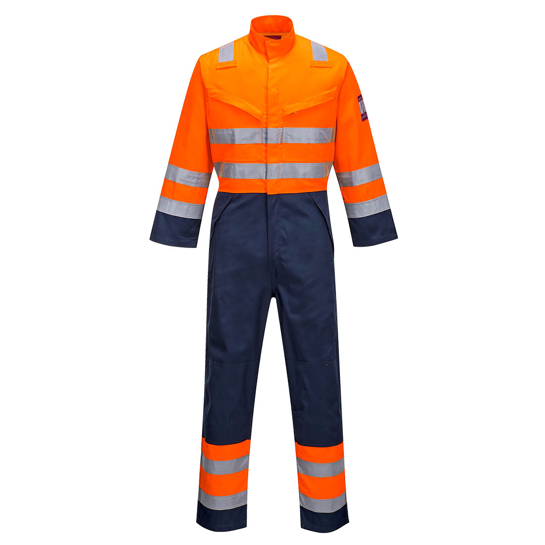 Portwest Modaflame Work HVO Multi-Norm Contrast Coverall in Orange/Marine – Vorderansicht