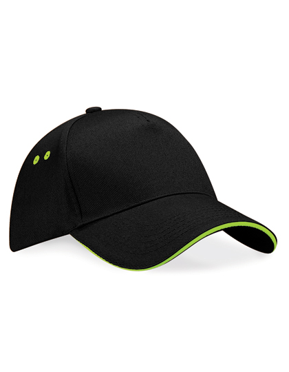 Beechfield Ultimate 5 Panel Cap - Sandwich Peak in Black/Lime Green – Vorderansicht