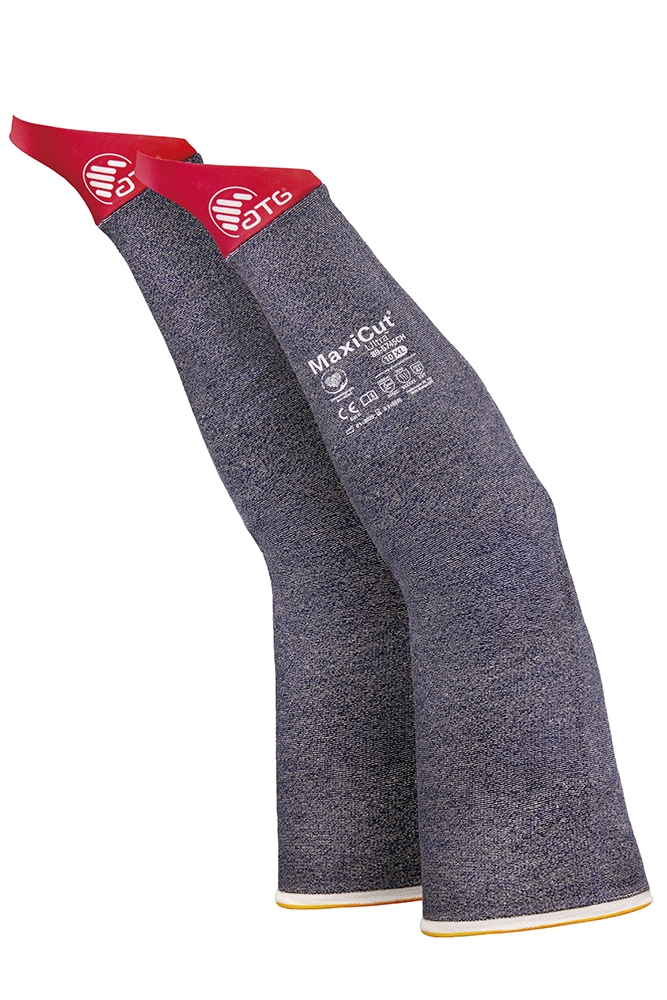 ATG® MaxiCut® Ultra™ Schnittschutz-Armstulpe m.Daumen.(89-5745CH) in Blau/Rot – Vorderansicht