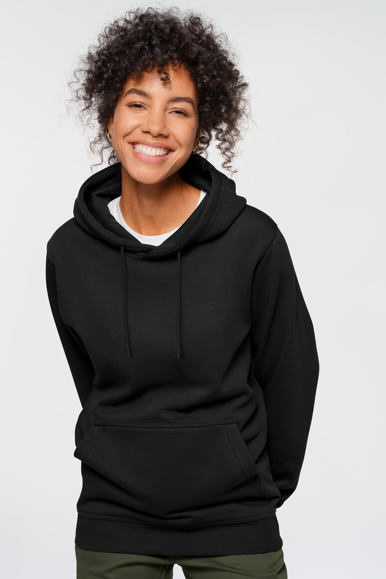 HAKRO 568 Label-Free Kapuzen-Sweat Heavy MIKRALINAR® ECO in Schwarz – Modellansicht