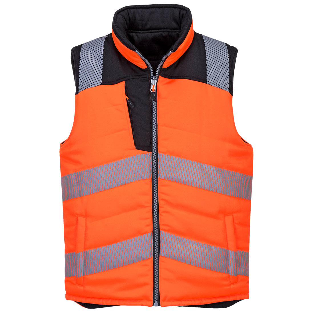 Portwest PW3 Hi-Vis Reversible Bodywarmer in Orange/Schwarz – Vorderansicht