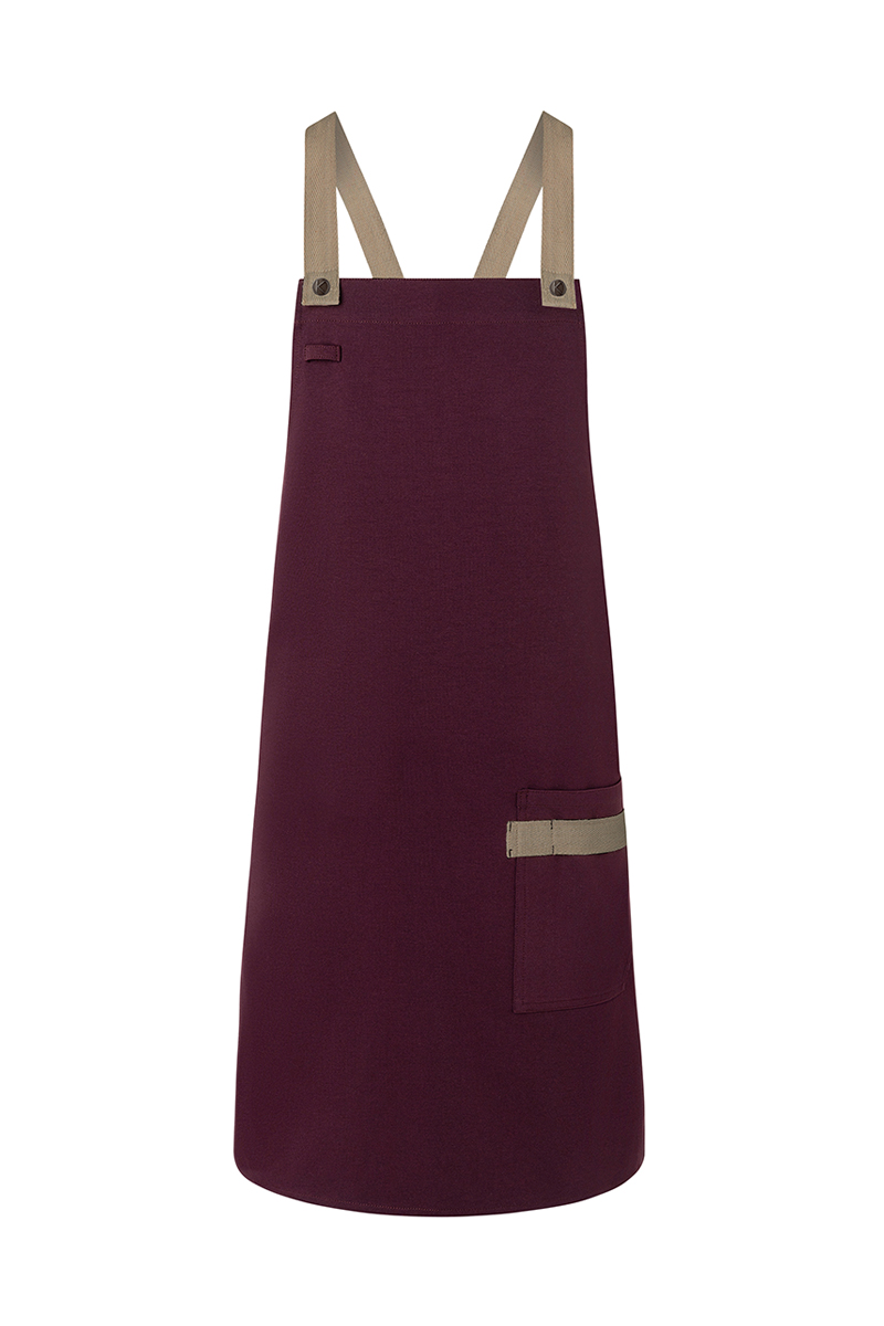 Karlowsky Latzschürze Urban-Look mit Kreuzbändern und Tasche in Aubergine – Vorderansicht