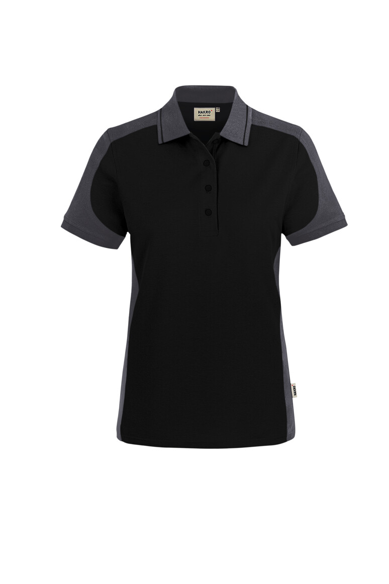 HAKRO 339 Damen Poloshirt Contrast MIKRALINAR® ECO in Schwarz/Karbongrau – Vorderansicht
