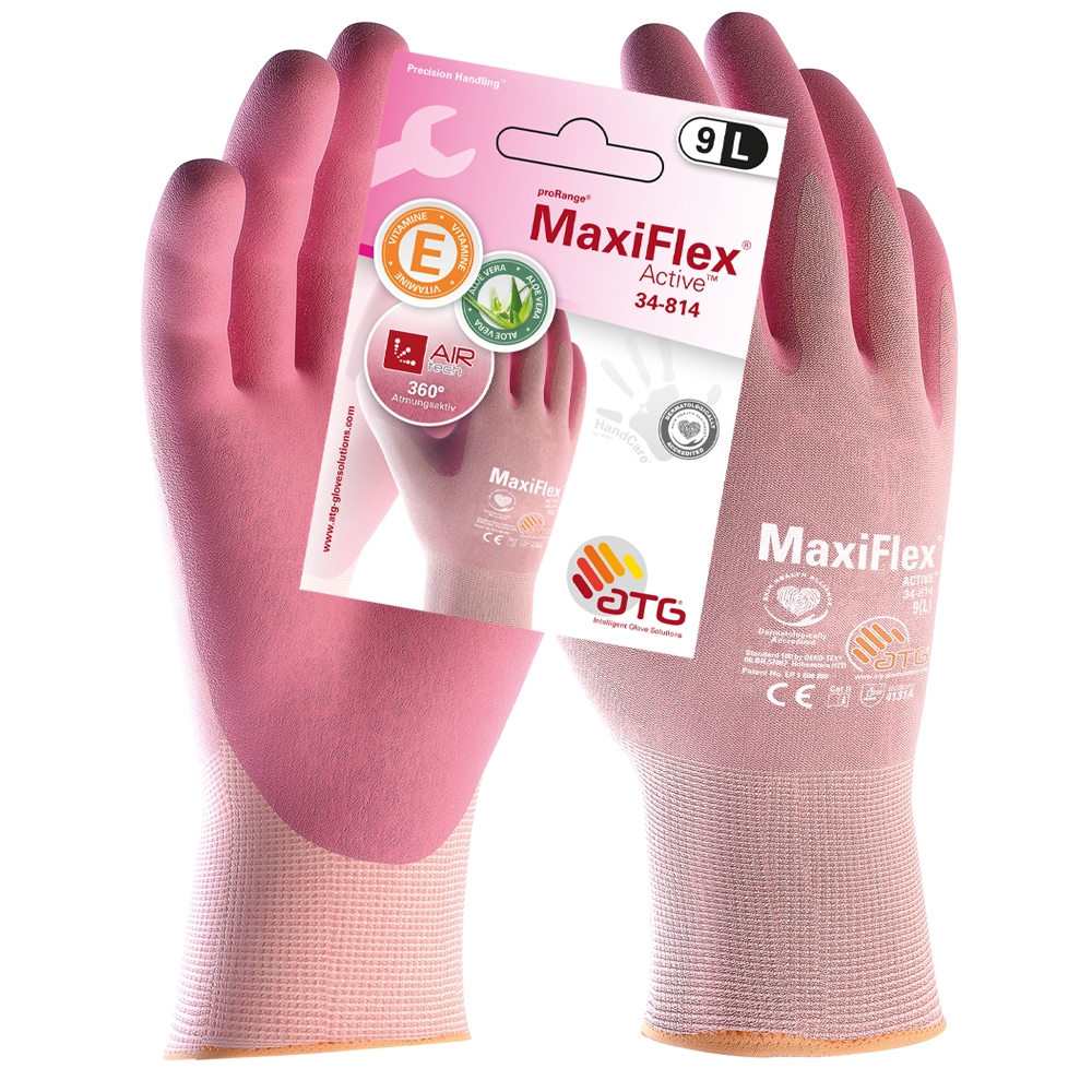 ATG® MaxiFlex® Active™Nylon-Strickhandschuhe (34-814 HCT) SB-Verp in Rosé/Rosé – Vorderansicht