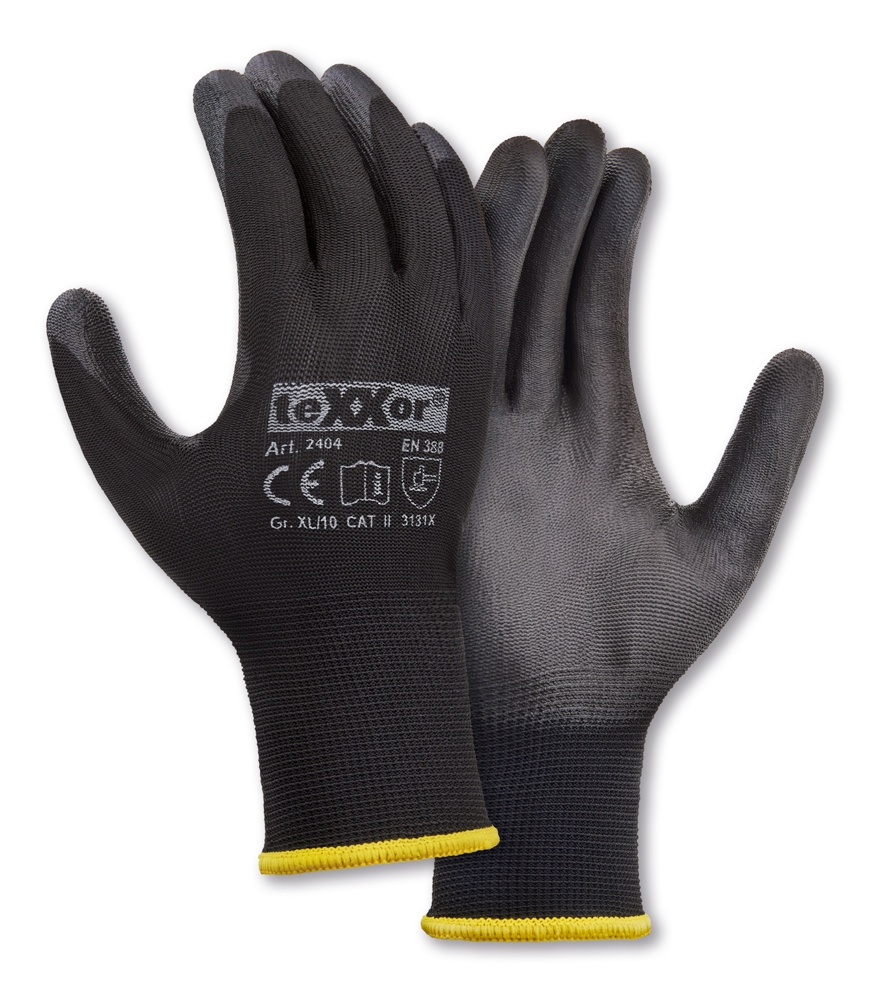 teXXor® Polyester-Strickhandschuhe POLYURETHAN BESCHICHTET in Schwarz/Schwarz – Detailansicht
