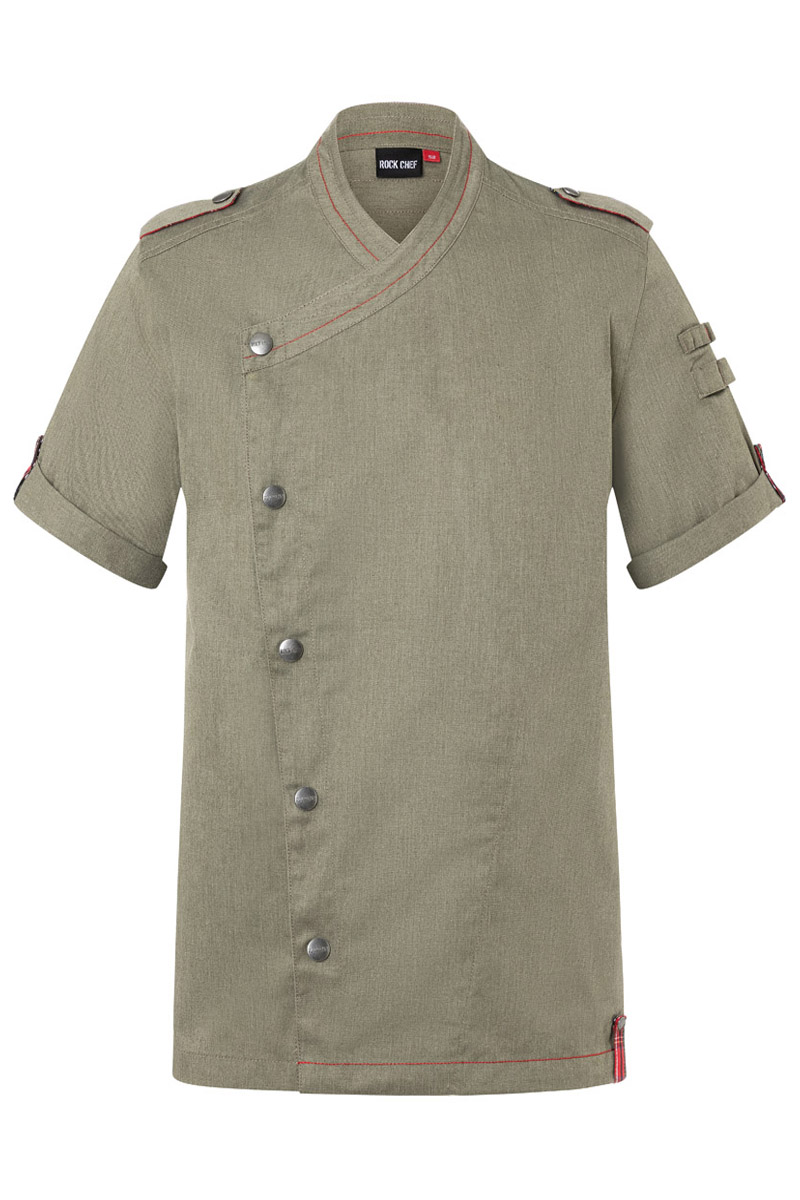 Kurzarm Herrenkochjacke Denim-Style ROCK CHEF®-Stage2 in Vintage Moss Green – Vorderansicht
