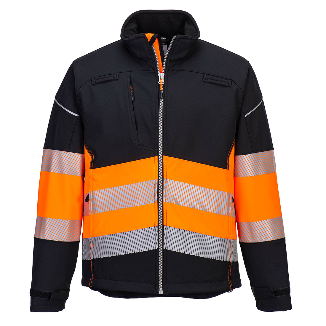 Portwest PW3 Hi-Vis Class 1 Softshell (3L) in Schwarz/Orange – Vorderansicht