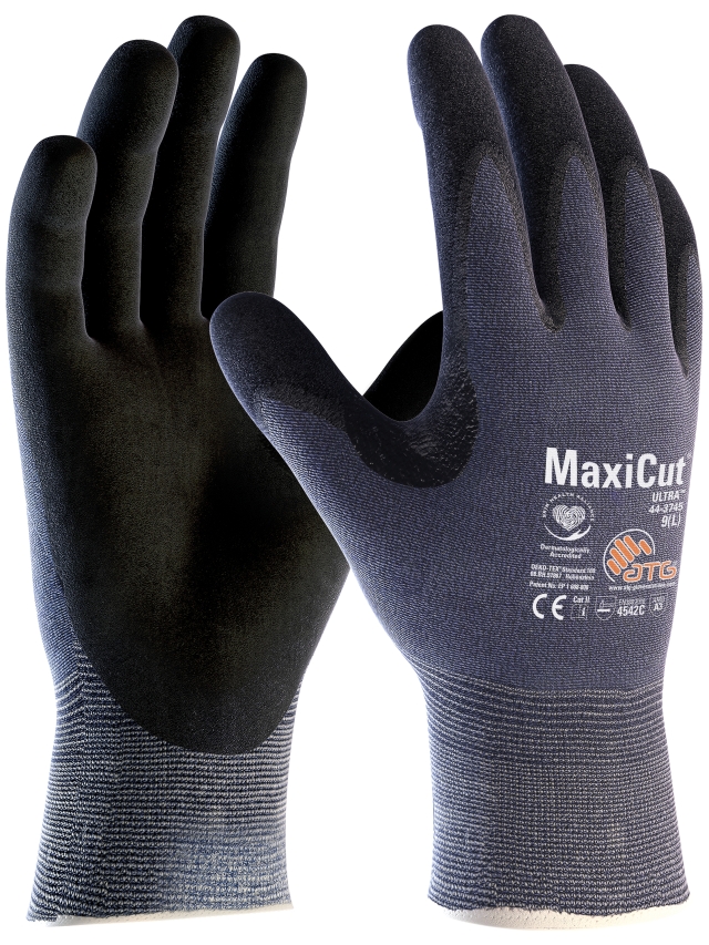 ATG® MaxiCut® Ultra™ Schnittschutz-Strickhandschuhe (44-3745) in Blau/Schwarz – Vorderansicht
