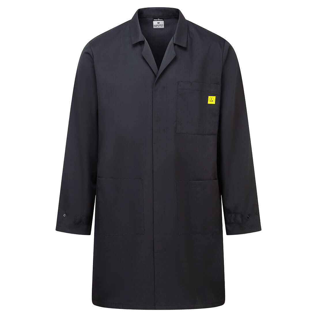 Portwest Anti-Static ESD Coat in Schwarz – Vorderansicht