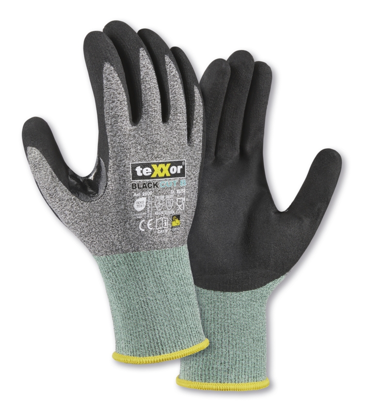 teXXor® Schnittschutz-Strickhandschuhe BLACK CUT® B in Grau-Meliert/Grün/Schwarz – Vorderansicht