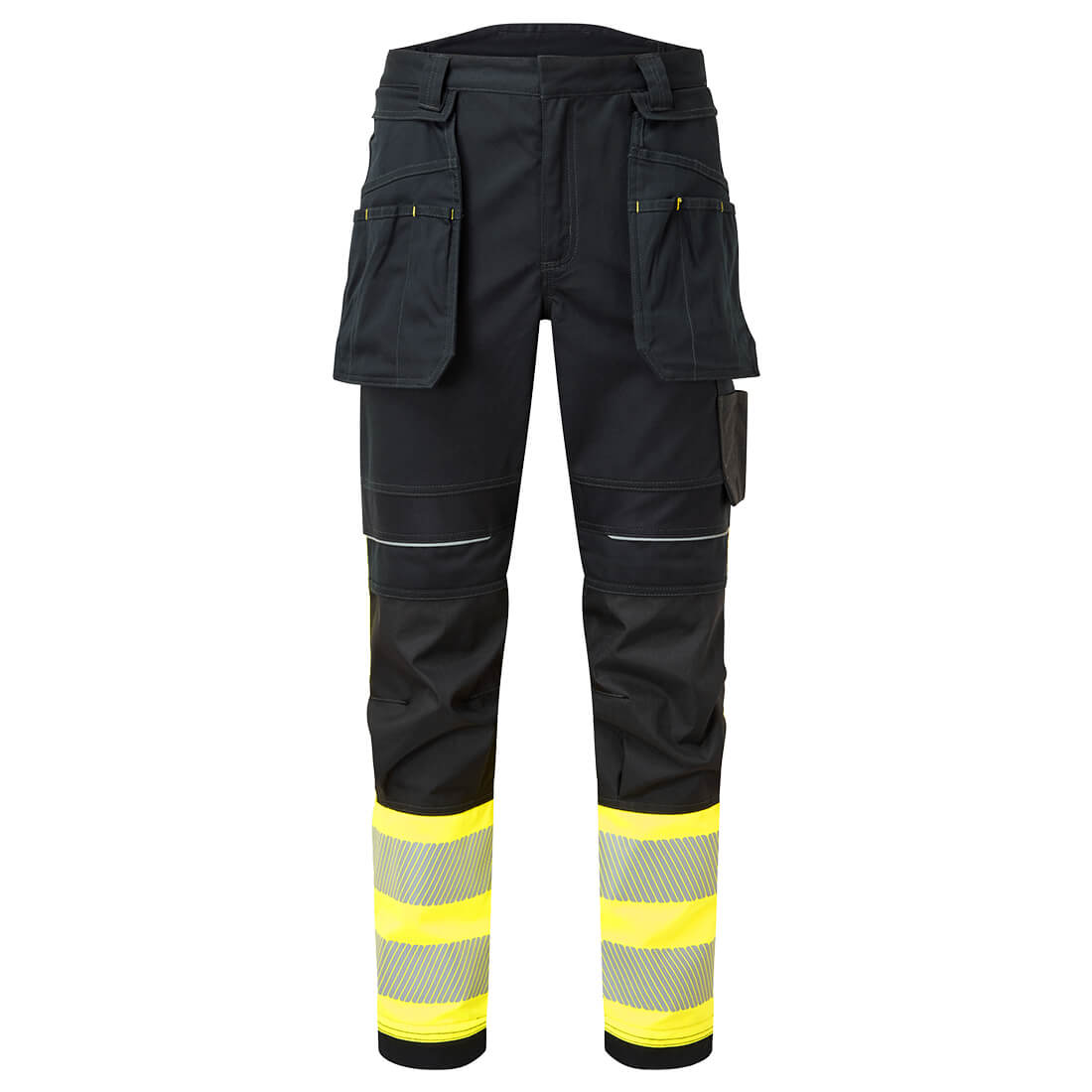Portwest PW3 Modaflame Work Hi-Vis Class 1 FR Holster Trousers in Gelb/Schwarz – Vorderansicht