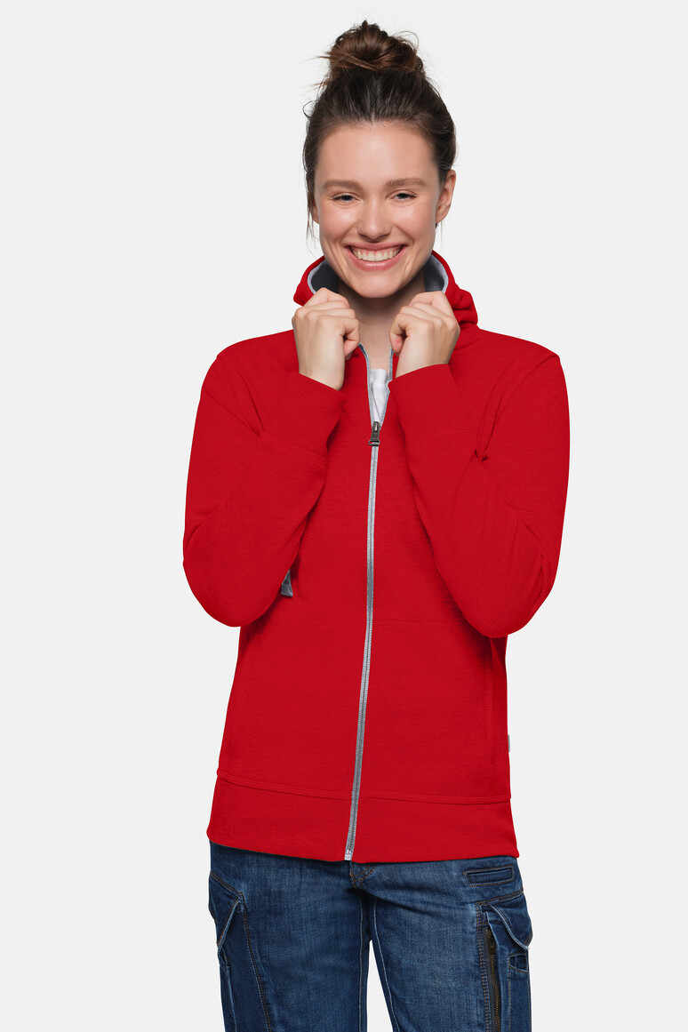 HAKRO 255 Damen Kapuzenjacke Bonded ECO in Rot/Silber – Modellansicht