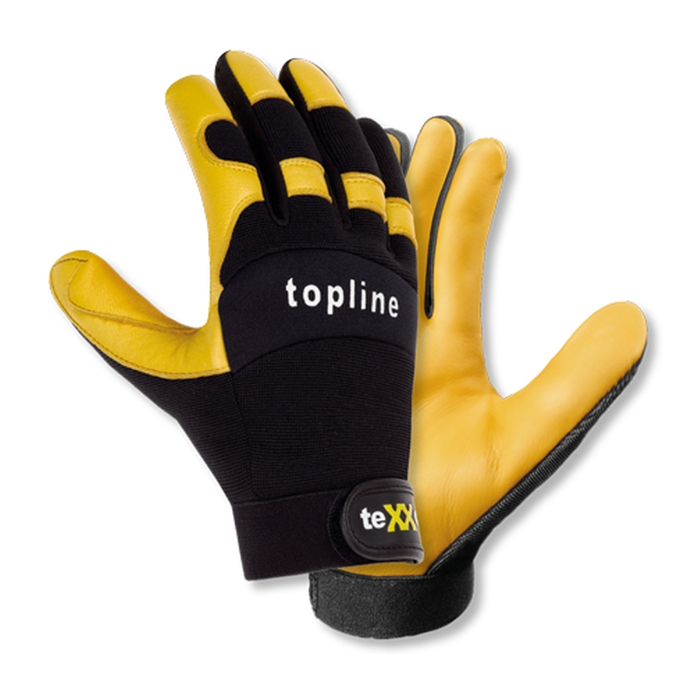 teXXor® topline Kuhleder-Handschuhe TACOMA, SB-Verpackung in Gelb/Schwarz – Vorderansicht