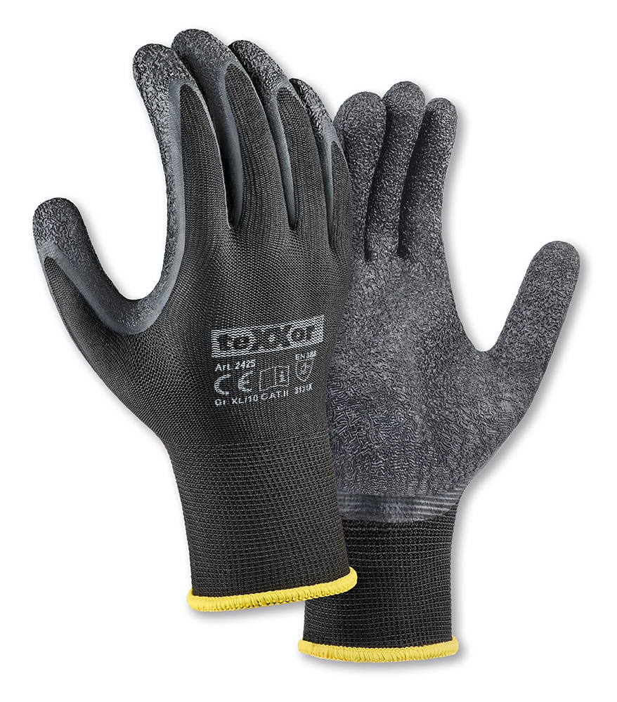 teXXor® Polyester-Strickhandschuhe LATEX in Schwarz/Schwarz – Vorderansicht