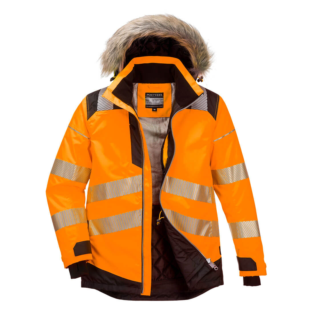 Portwest PW3 Hi-Vis Winter Parka Jacket in Orange/Schwarz – Vorderansicht