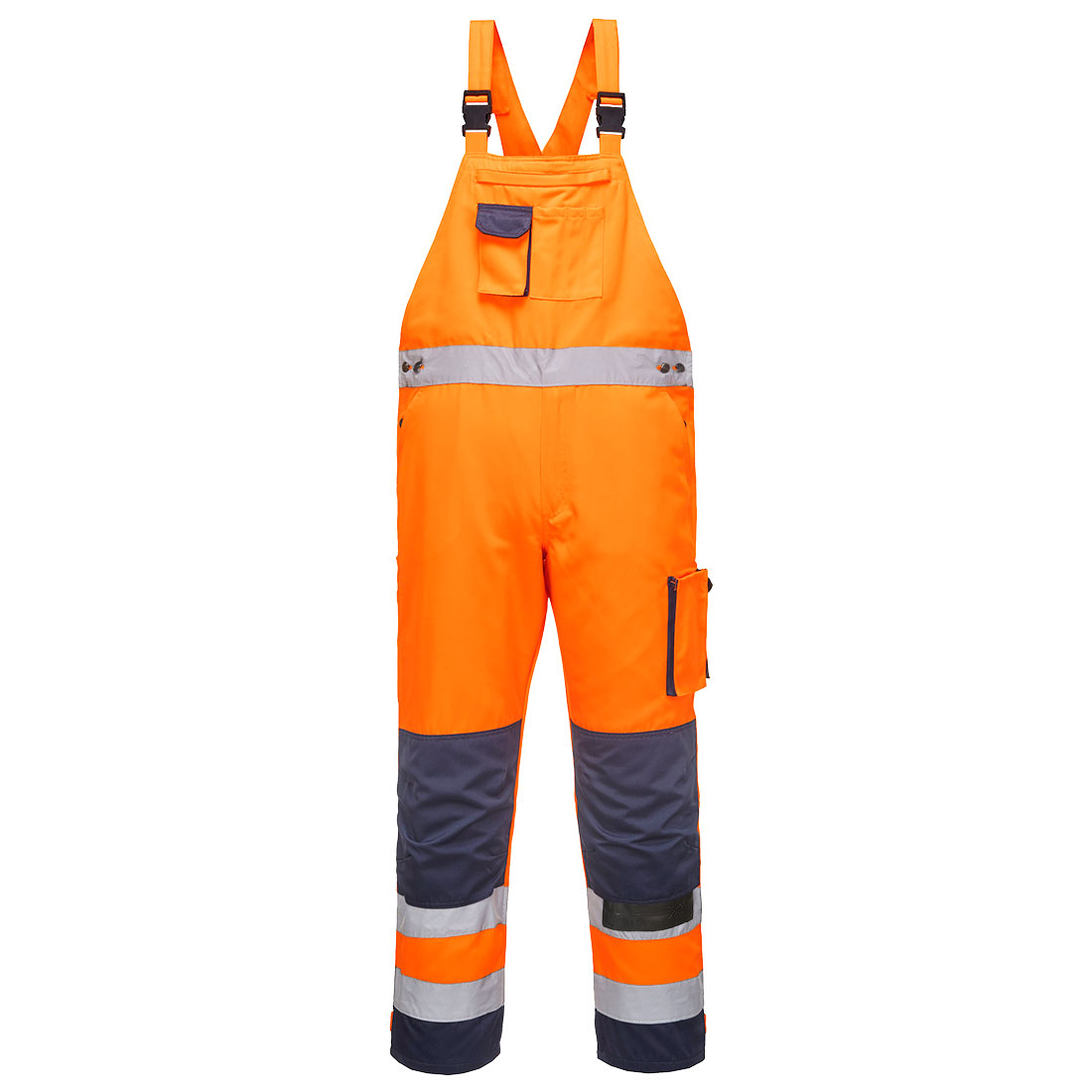 Portwest Dijon Hi-Vis Contrast Work Bib and Brace in Orange/Marine – Vorderansicht