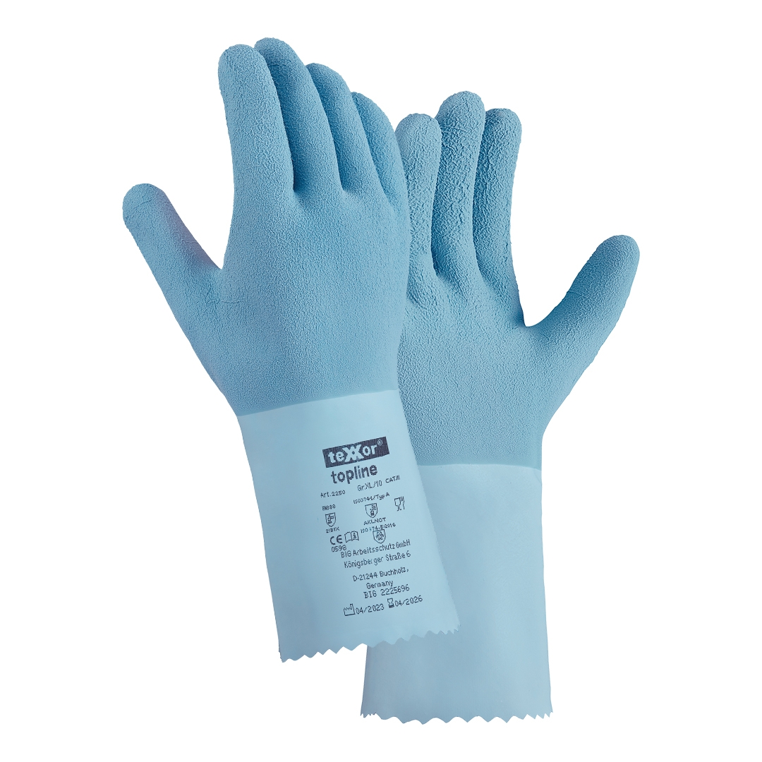 teXXor® topline Chemikalienschutz-Handschuhe NATURLATEX GERAUT in Hellblau – Detailansicht