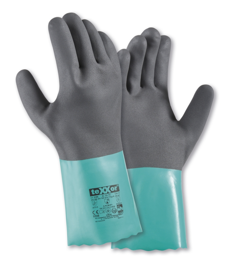 teXXor® CHEMTOUCH Chemikalienschutz-Handschuh NITRIL in Blaugrün/Grau – Vorderansicht