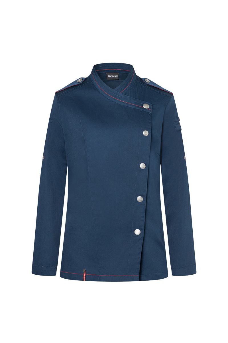 Langarm Damenkochjacke ROCK CHEF®-Stage2 in Stahlblau – Vorderansicht