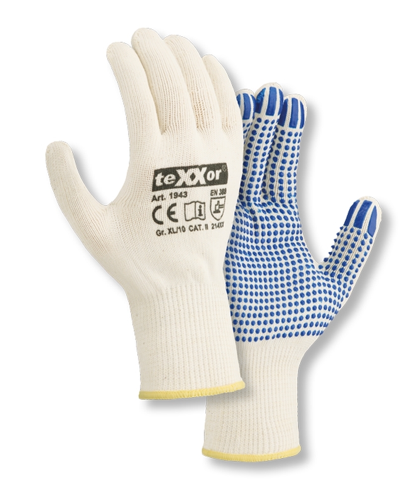 teXXor® Mittelstrick-Handschuhe BAUMWOLLE/NYLON in Weiß/Blaue Noppen – Vorderansicht