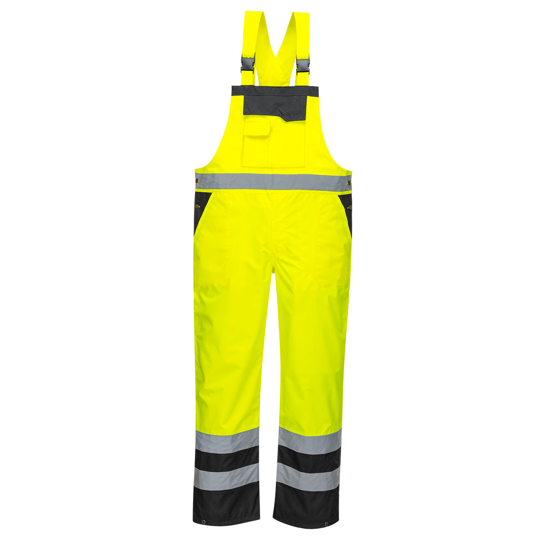Portwest Hi-Vis Breathable Contrast Rain Bib and Brace in Gelb/Schwarz – Vorderansicht