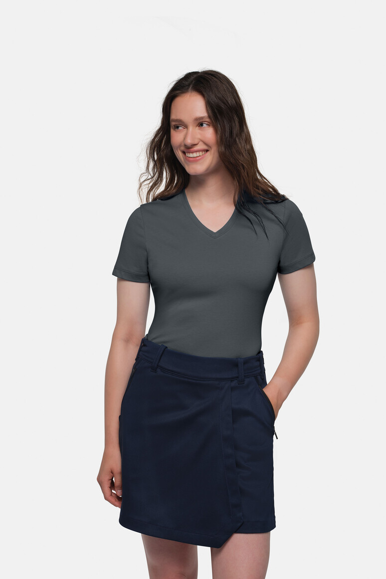 HAKRO 169 COTTON TEC® Damen V-Shirt in Anthrazit – Modellansicht