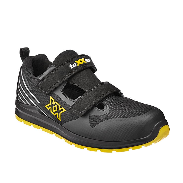 teXXor® S1PS-Sicherheitsklettsandalen in Schwarz/Gelb – Vorderansicht