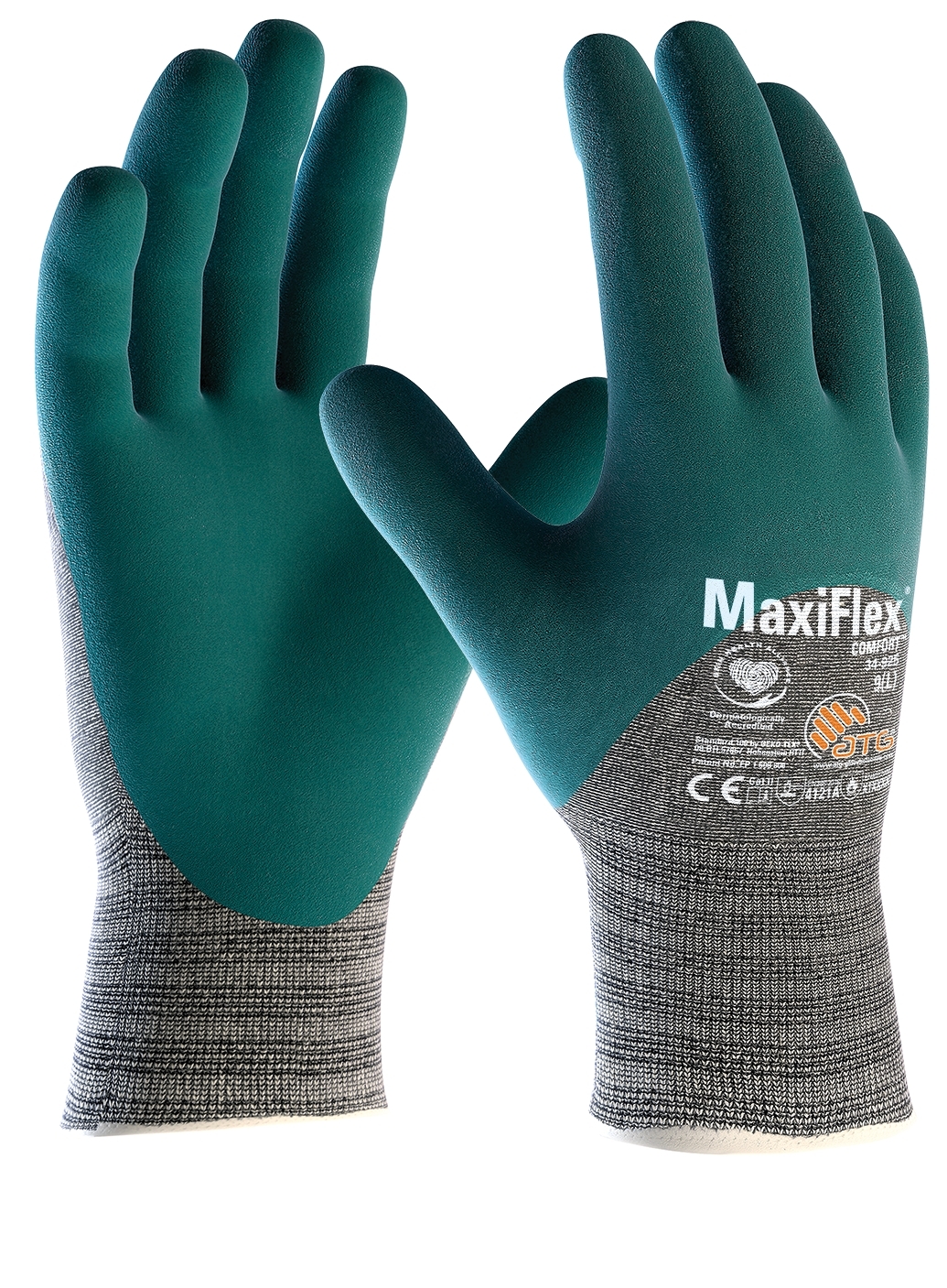 ATG® MaxiFlex® Comfort™ Baumwoll-/Nylon-Strickhandschuhe (34-925) in Grau Meliert/Grün – Vorderansicht