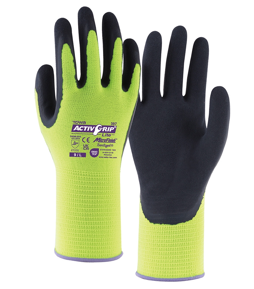 TOWA® Polyester-Feinstrickhandschuhe ActivGrip™ Lite in Gelb/Dunkelgrau – Detailansicht