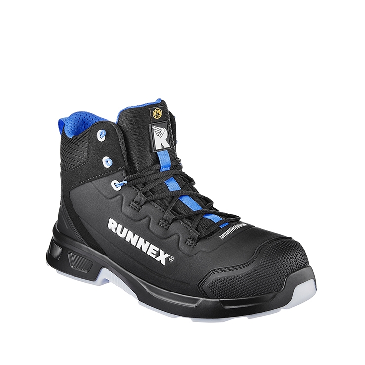 RUNNEX® S3S-ESD-Sicherheitsschnürstiefel ActionStar in Schwarz/Blau – Vorderansicht