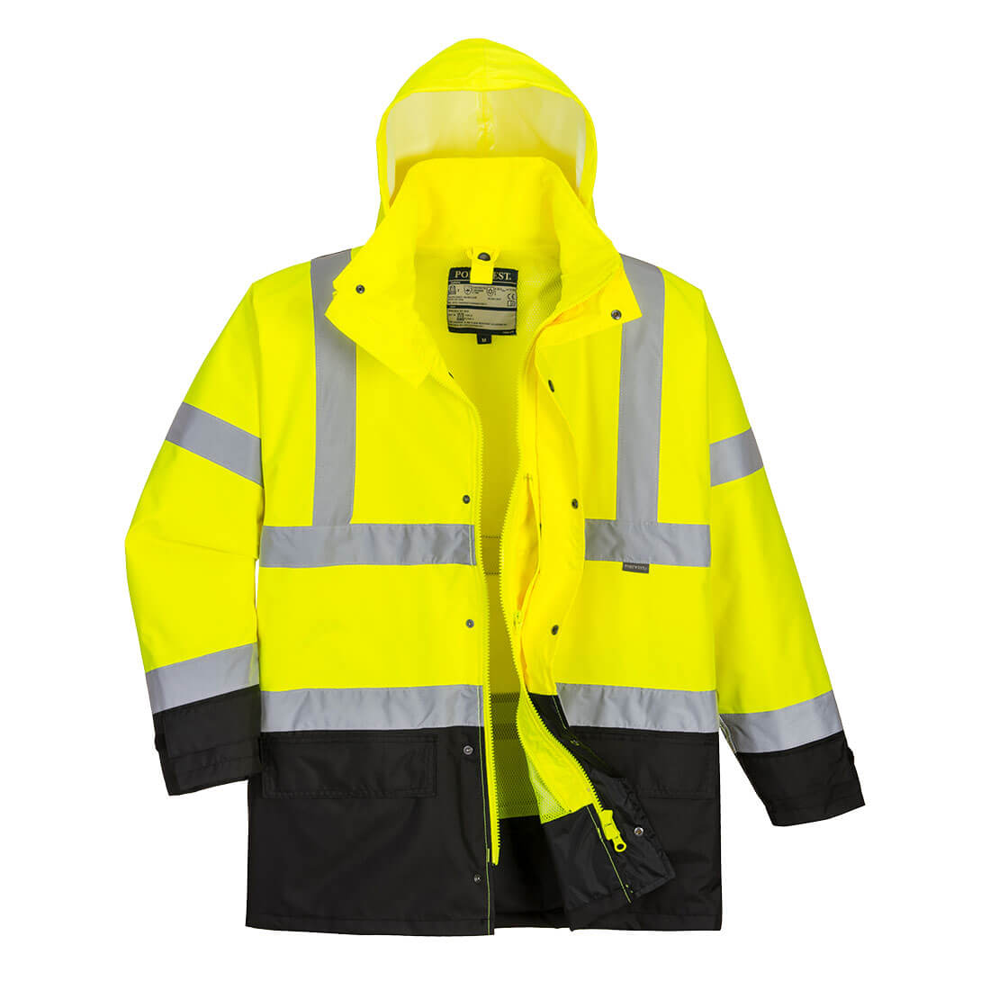 Portwest Hi-Vis 5-in-1 Contrast Executive Jacket in Gelb/Schwarz – Vorderansicht