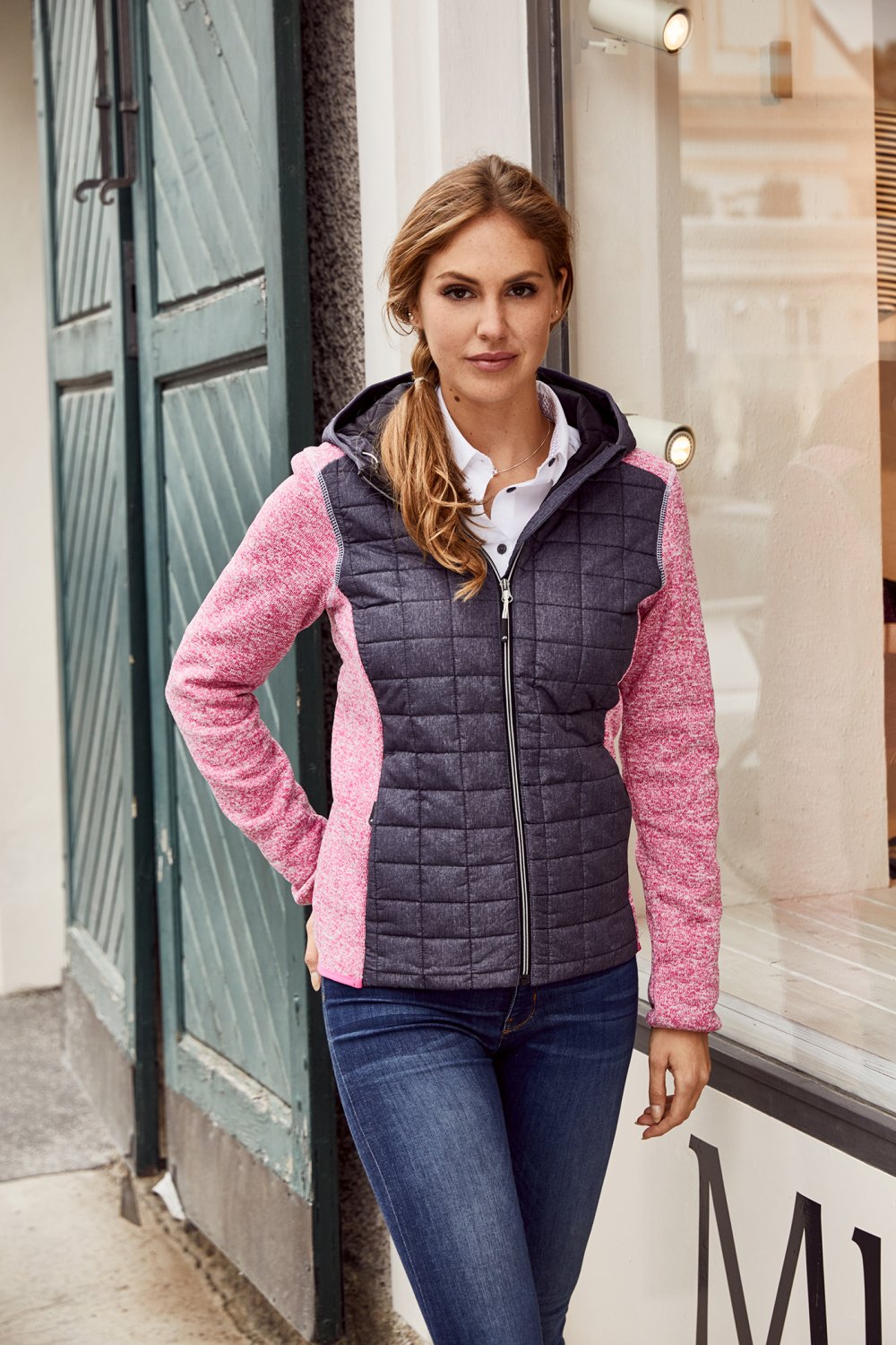 Daiber Ladies' Knitted Hybrid Jacket in Grey-Melange/Anthracite-Melange – Modellansicht