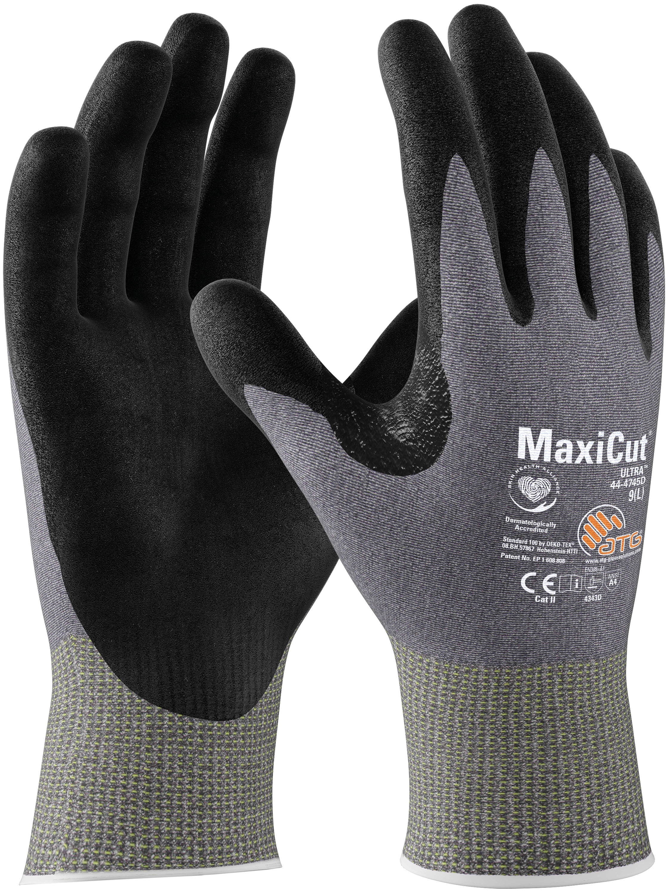 ATG® MaxiCut® Ultra™ Schnittschutz-Strickhandschuhe (44-4745D) in Hellgrau/Schwarz – Vorderansicht